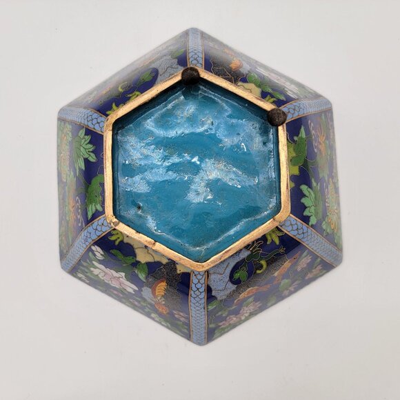 Antique Chinese Cloisonné Hexagonal Shaped Lidded Bowl - Picture 5 of 13